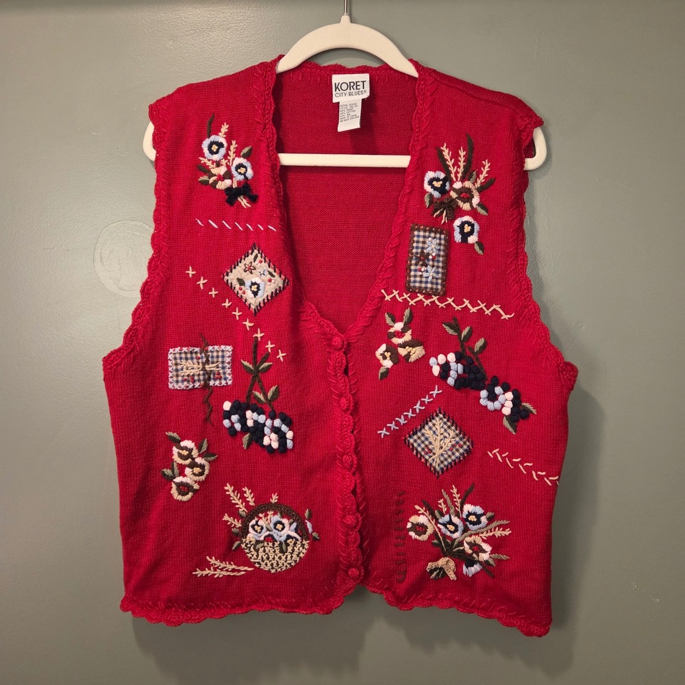 Vintage Koret City Blues Women's XL Sweater Vest Patchwork Floral Embroidered